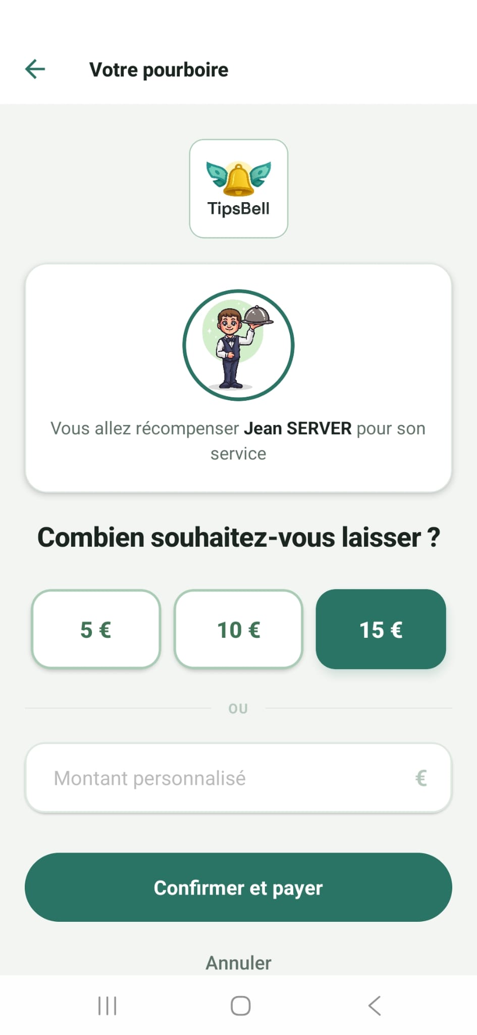 Écran de sélection du montant de pourboire — Application TipsBell