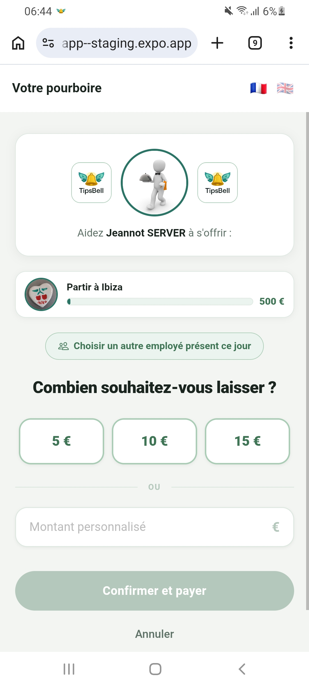 Écran de sélection du montant de pourboire — Application TipsBell